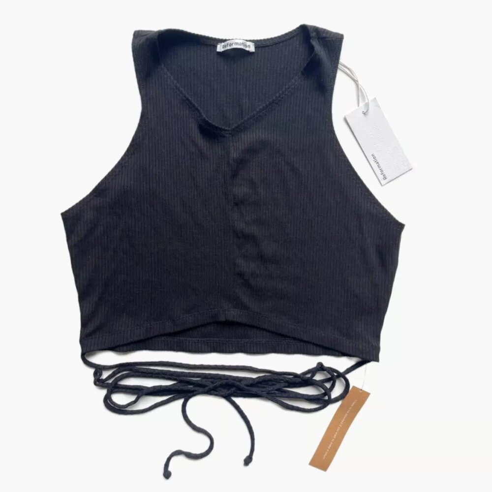 NWT Reformation Black Yvie Tie Ribbed Crop Top Tank Black Size Large